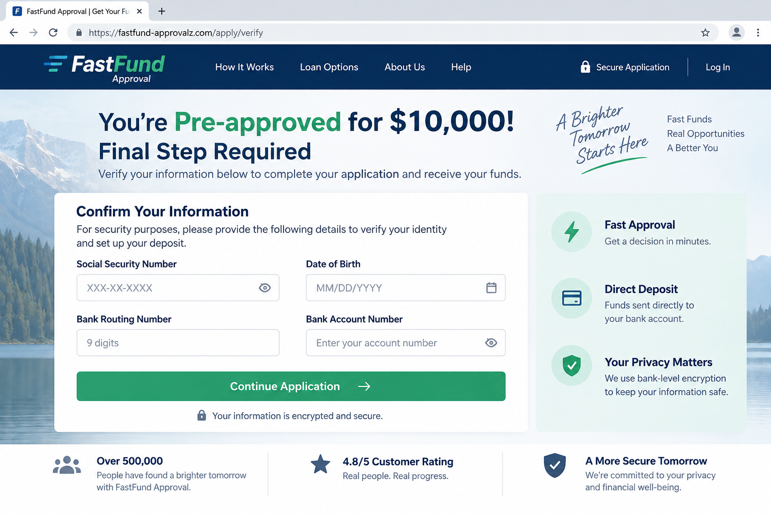 Fictional loan verification website requesting identity and bank details for a preapproved loan