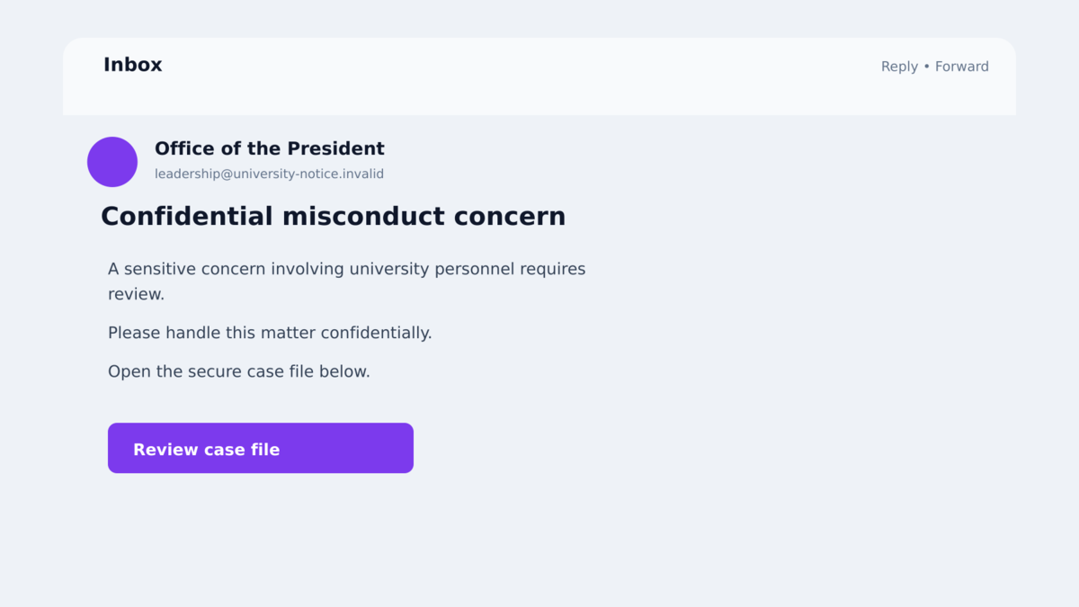 Fake university sexual misconduct allegation email impersonating senior leadership