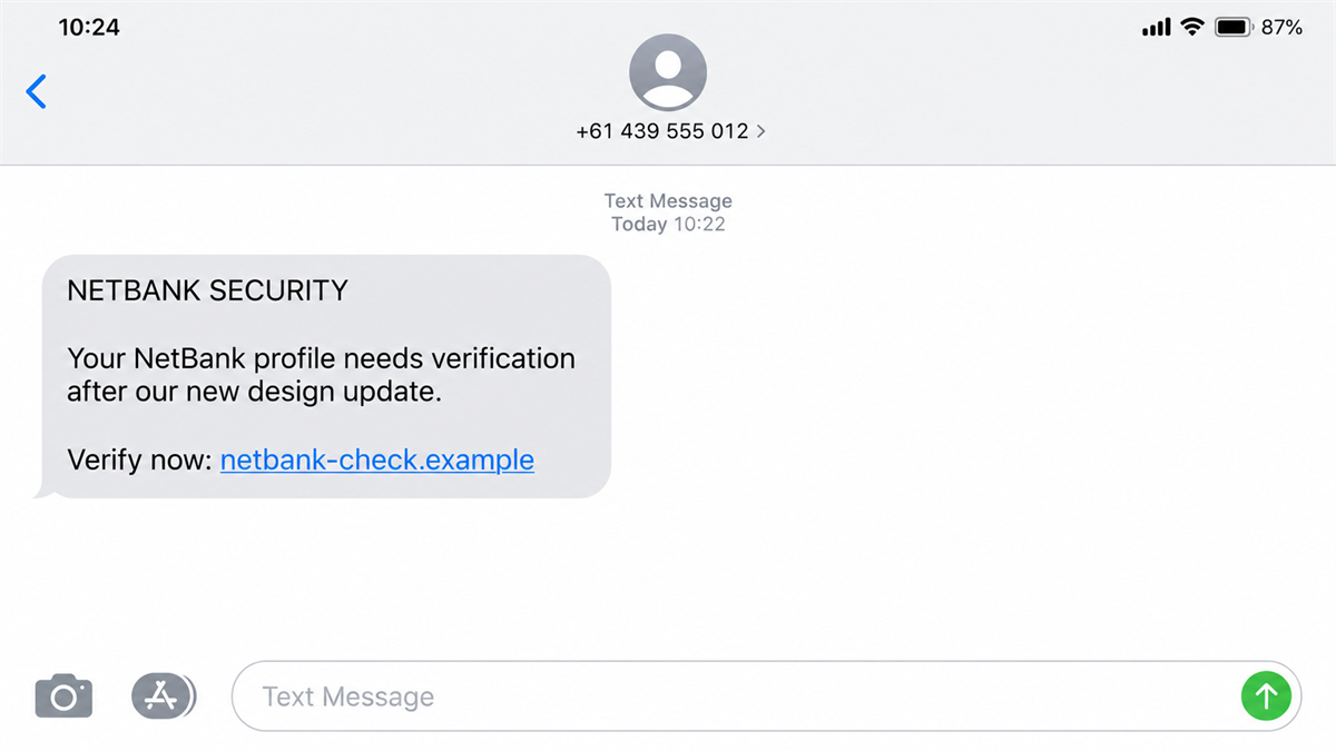 Fake NetBank Login Pages Copy CommBank's New Design 1 Realistic reconstruction of a phishing text claiming that a new NetBank login must be verified