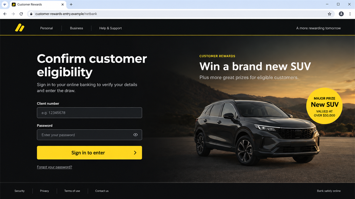 Fake NetBank competition page requesting customer login details for a vehicle prize