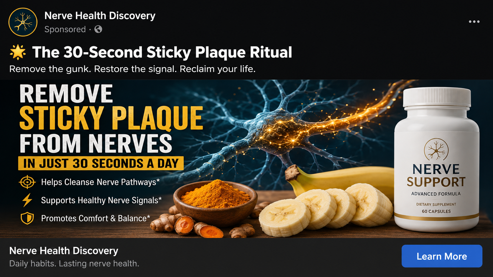 Social media advertisement promoting a fake sticky plaque neuropathy ritual