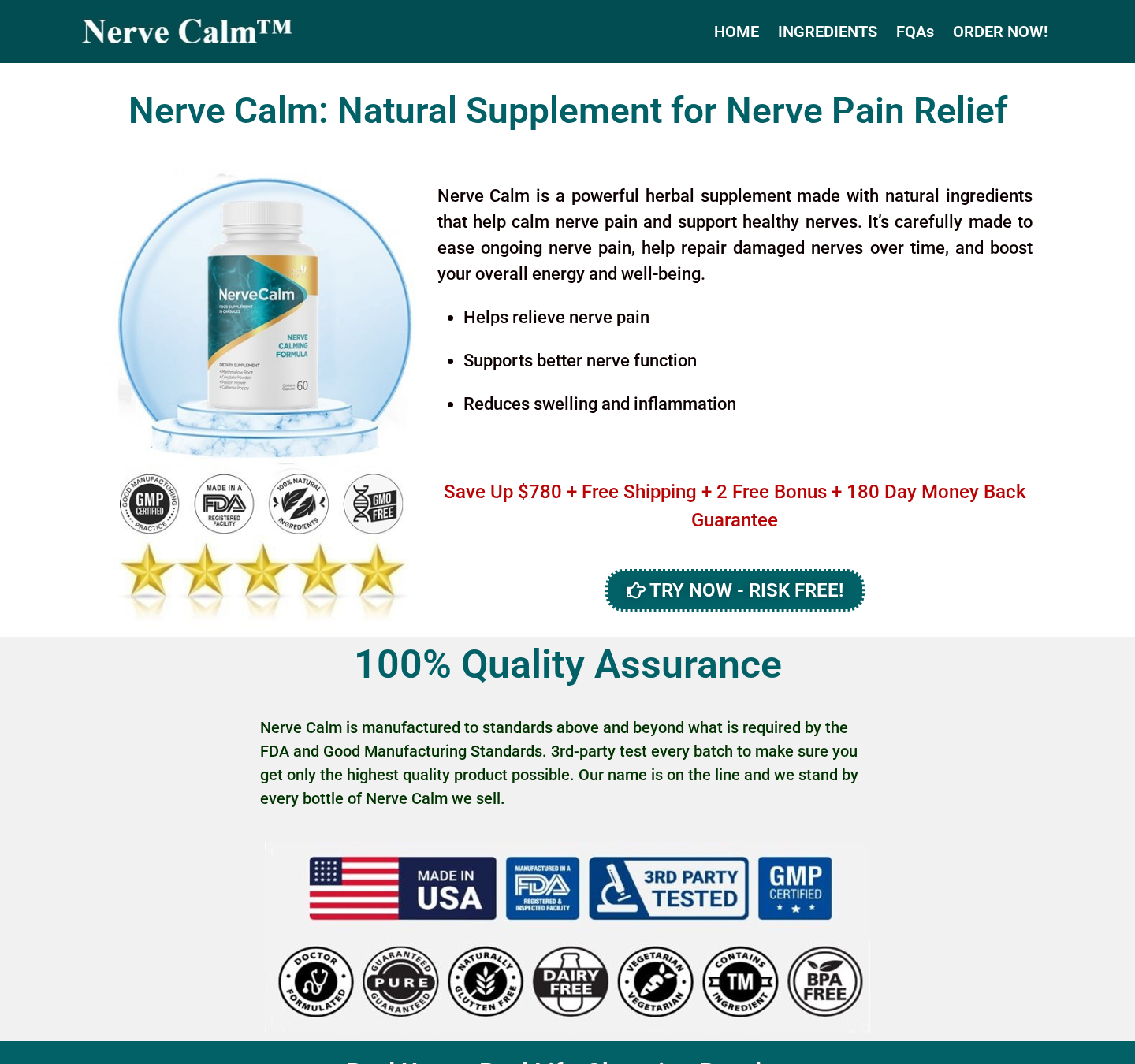 NerveCalm supplement sales page with bottle packages and guarantee claims
