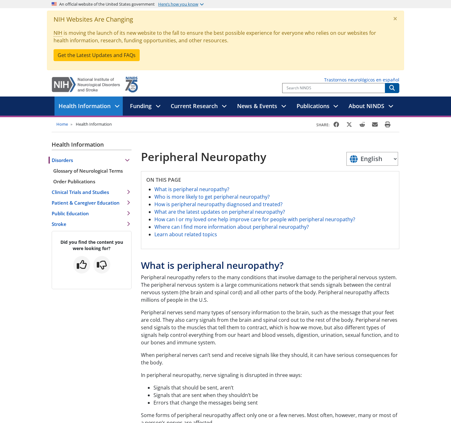 Official neurological health information about peripheral neuropathy causes and treatment