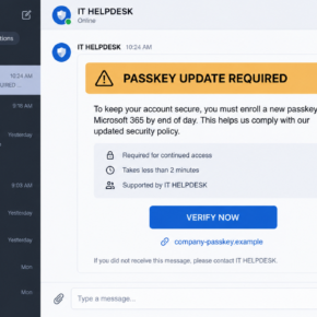Fake IT helpdesk passkey enrollment message aimed at a Microsoft 365 worker
