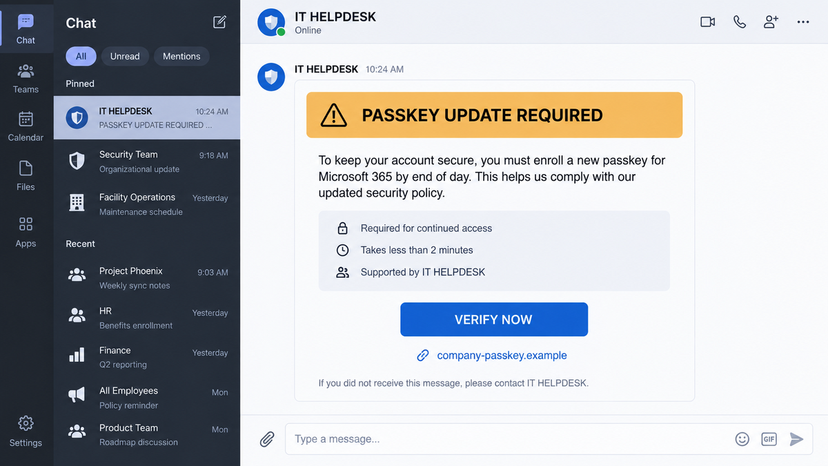 Fake Passkey Helpdesk Calls Hijack Microsoft 365 1 Fake IT helpdesk text demanding an urgent Microsoft 365 passkey update