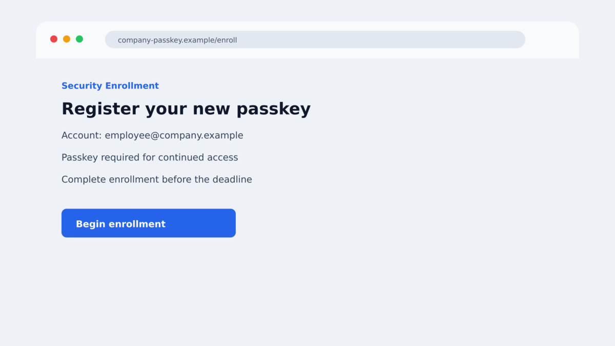 Fake Passkey Helpdesk Calls Hijack Microsoft 365 2 Lookalike Microsoft 365 sign-in page asking an employee to register a new passkey