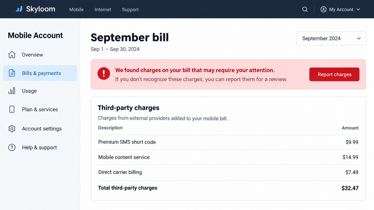 Mobile carrier account showing unexplained premium SMS and direct billing charges