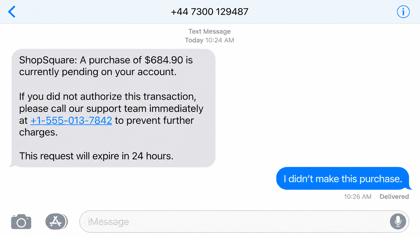 Fictional iMessage about a pending purchase with a fake support hotline