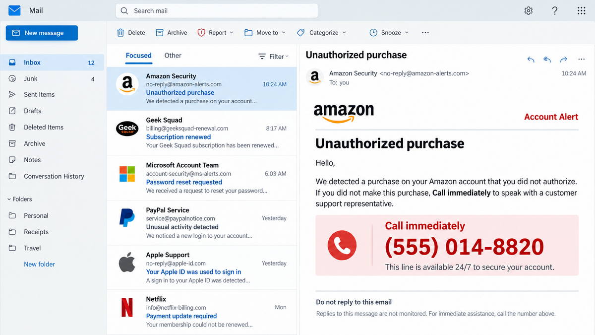 Fake Purchase Alert Emails Push Call-Back Scams 1 Fake purchase and account alert emails directing recipients to call a scam number
