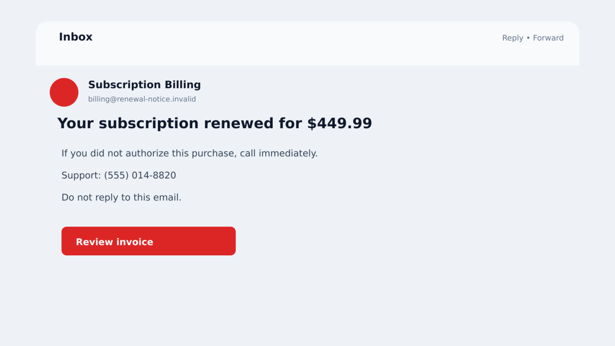 Fake Purchase Alert Emails Push Call-Back Scams 2 Fraudulent renewal invoice with a prominent call-now support number