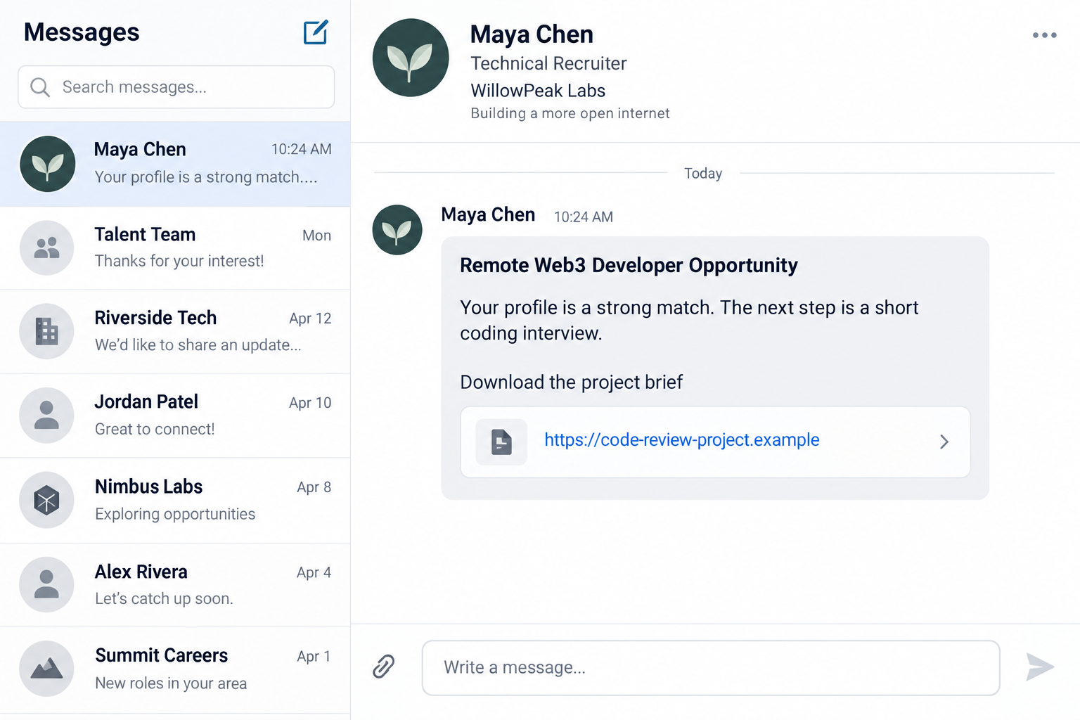Fake Job Interview Scam Installs WaterPlum Malware 1 Illustrative fake recruiter message offering a remote developer interview through a fictional coding project