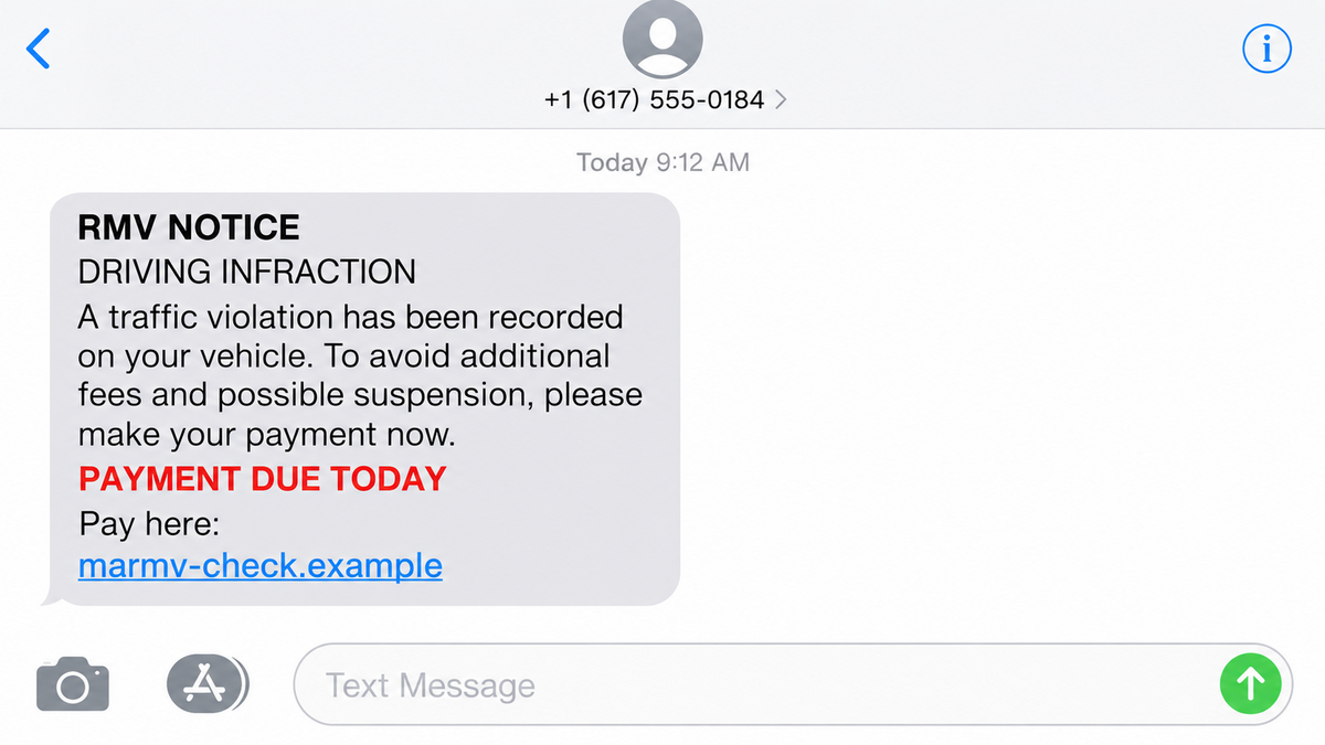 Fake RMV Traffic Texts Steal Cards With Toll Threats 1 Fake RMV text threatening a traffic infraction payment deadline