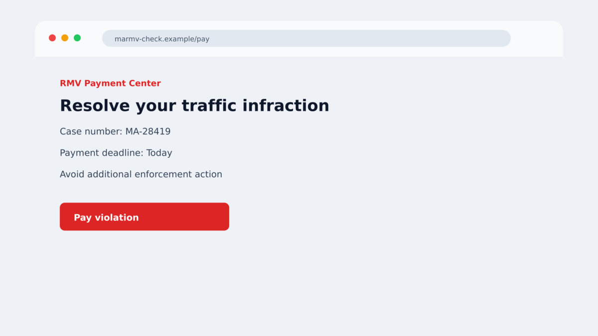 Fake RMV Traffic Texts Steal Cards With Toll Threats 2 Lookalike RMV payment page using a fake traffic violation balance and a brand-like domain