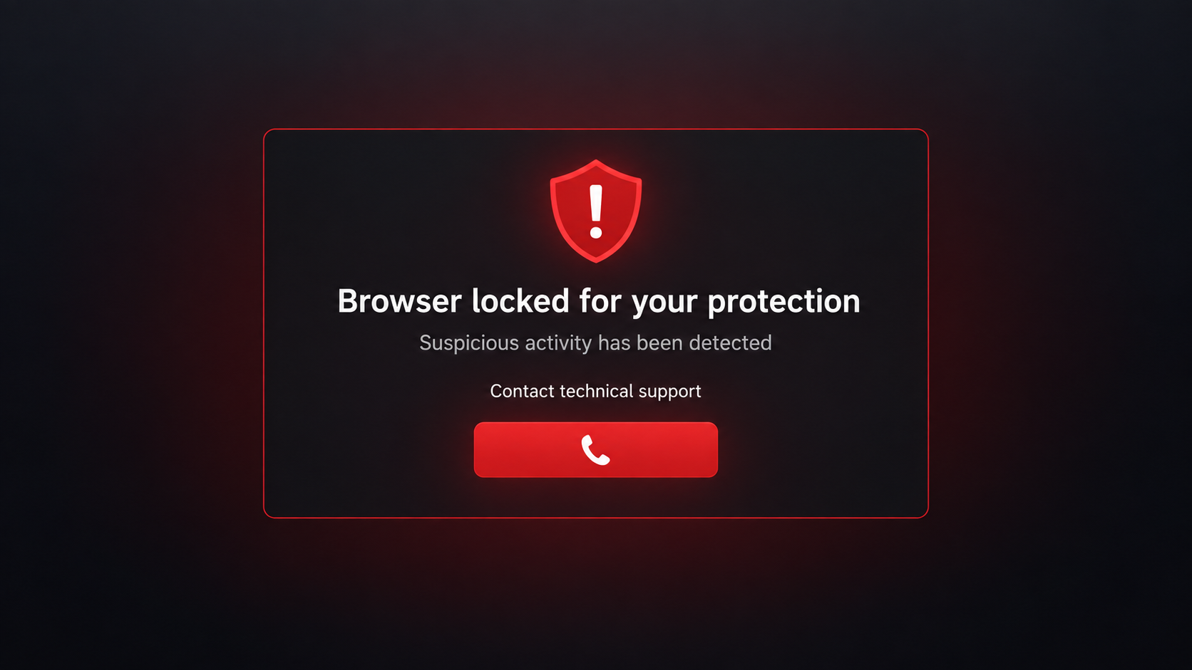 Illustrative full-screen browser locker warning with a fake support call prompt