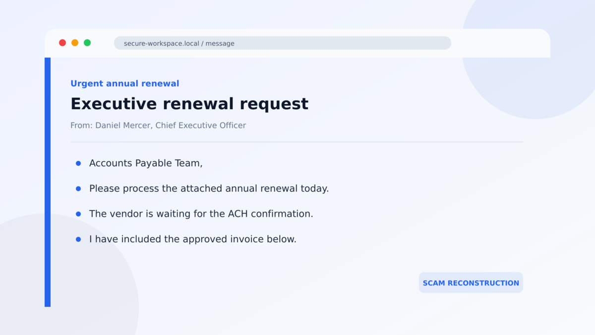 Fake ServiceNow Invoice Scam Targets Finance Teams 1 Executive renewal request used in the Fake ServiceNow Invoice Scam Targets Finance Teams investigation