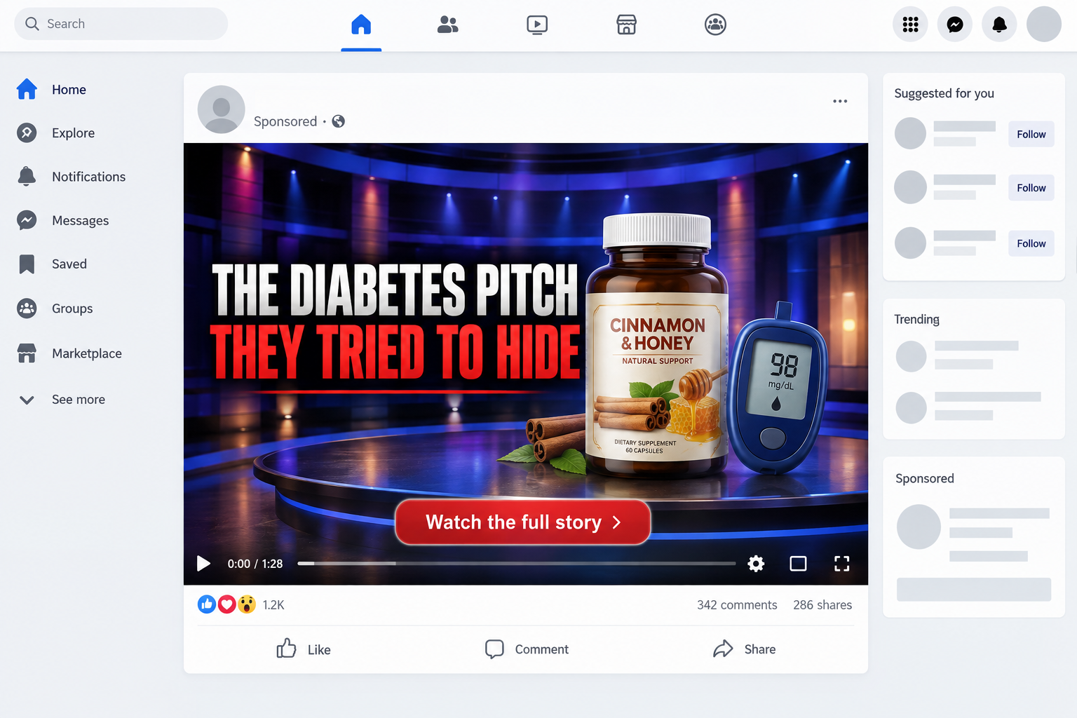 Sponsored social media video promoting a supposed diabetes television pitch