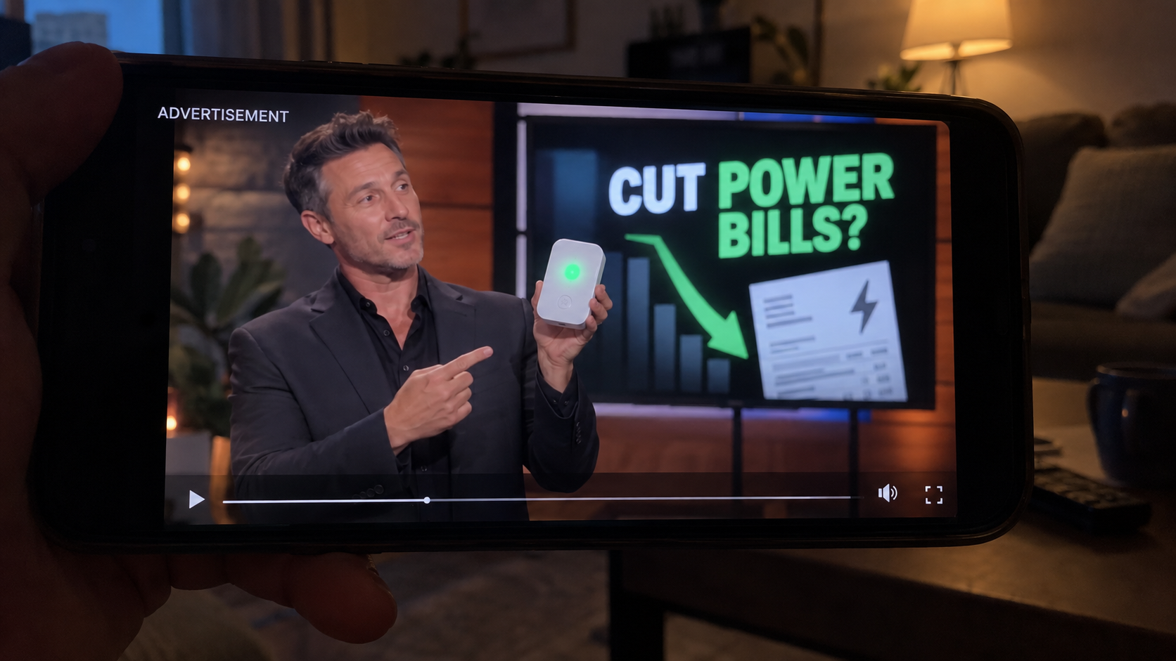Sponsored video showing a fictional television pitch for a plug-in energy saver
