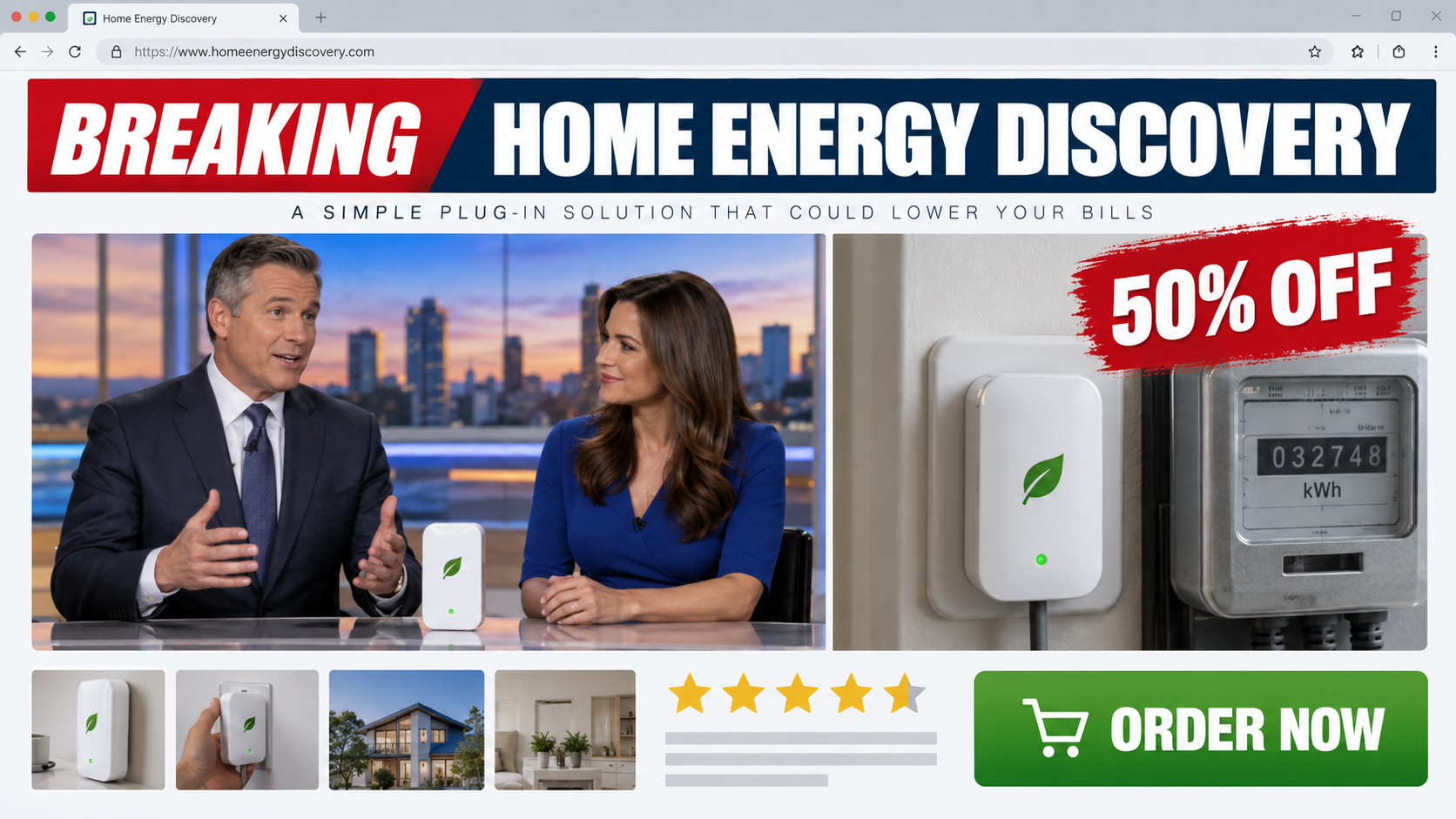 Fake news advertorial promoting a plug-in home energy discovery