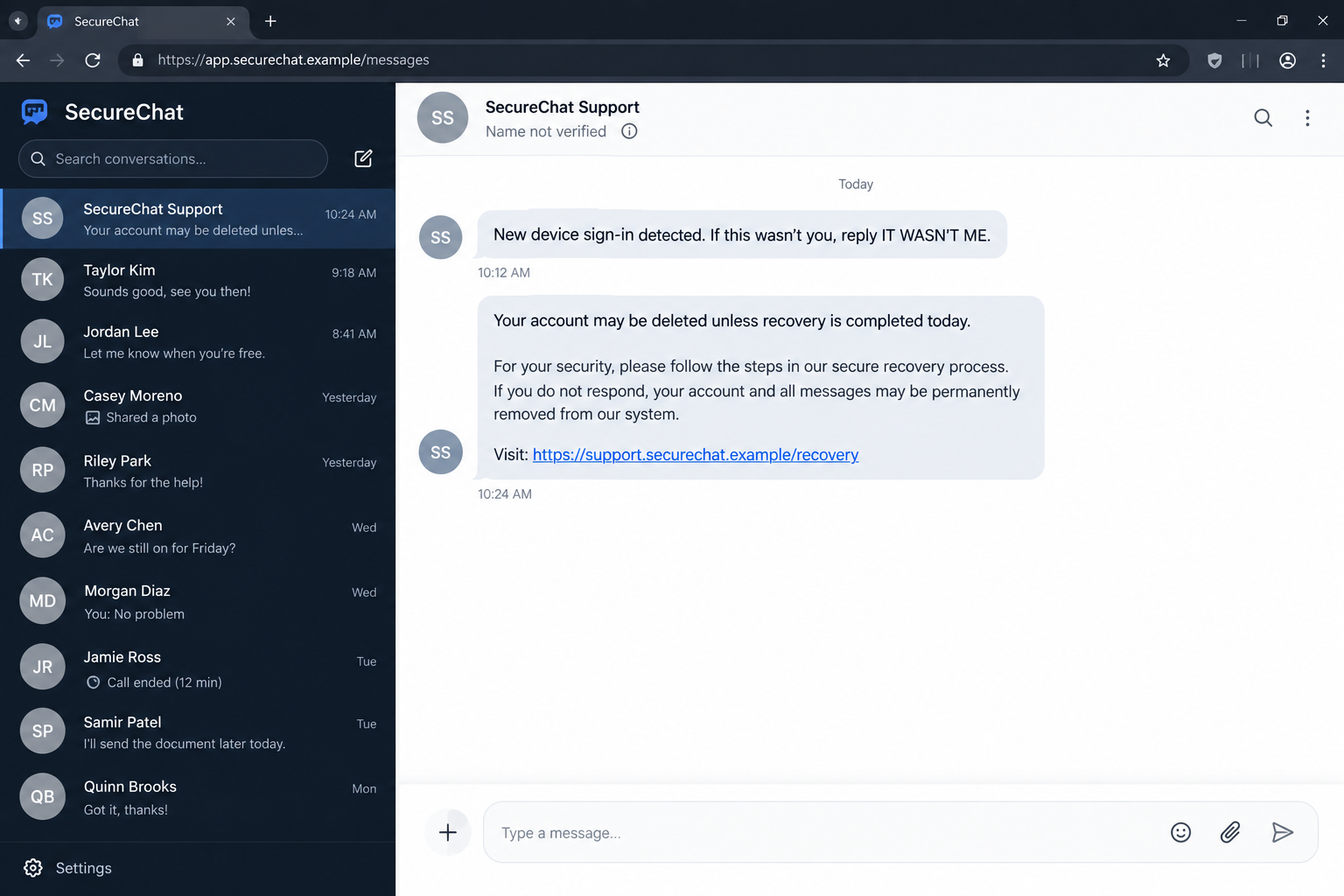 Fake Signal backup alert shown as a fictional support conversation