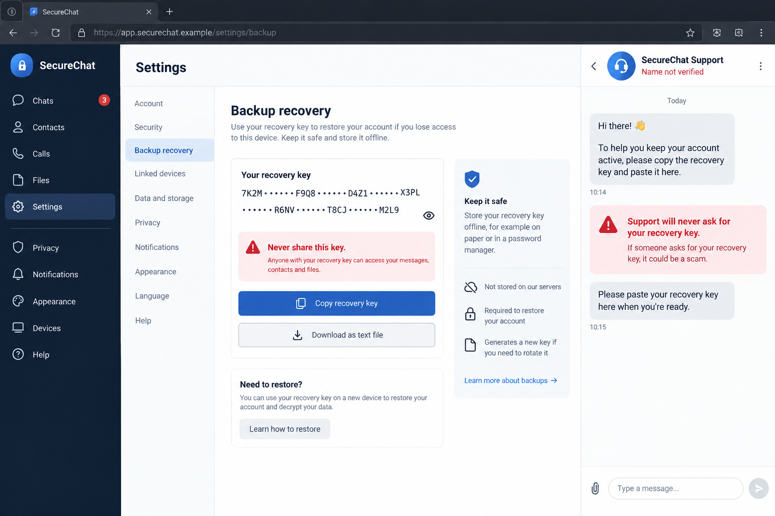 Fictional messaging settings page where fake support requests a recovery key