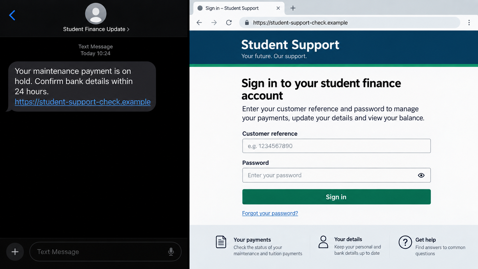 Fake Student Finance Alert Steals Your Maintenance Loan 1 Fictional Student Finance payment alert text and login page used to illustrate phishing