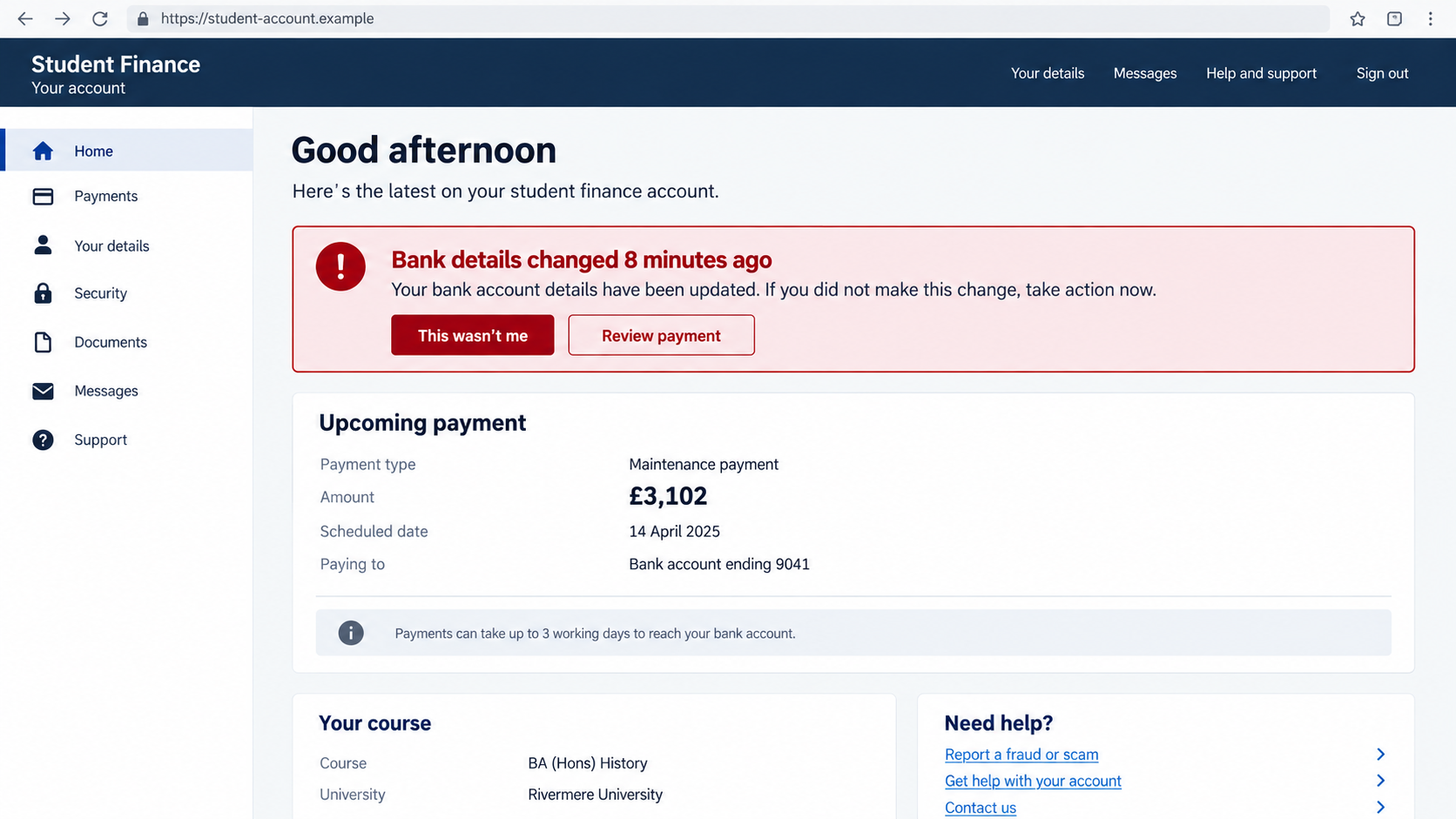 Fake Student Finance Alert Steals Your Maintenance Loan 2 Fictional student finance portal showing a suspicious bank detail change
