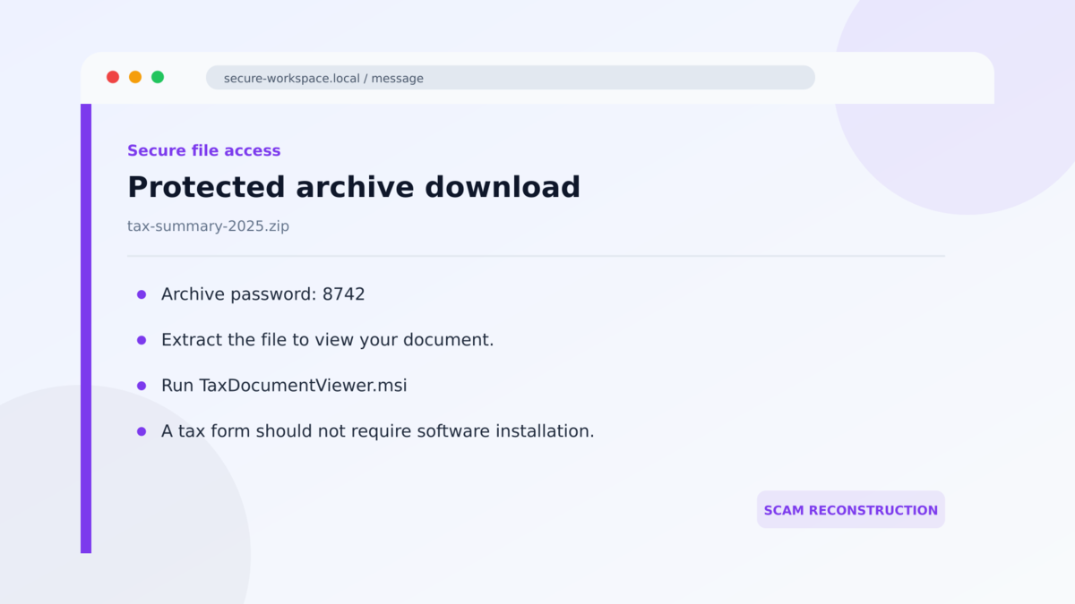 Fake Tax Document Scam Installs Remote Access Software 2 Protected archive download used in the Fake Tax Document Scam Installs Remote Access Software investigation