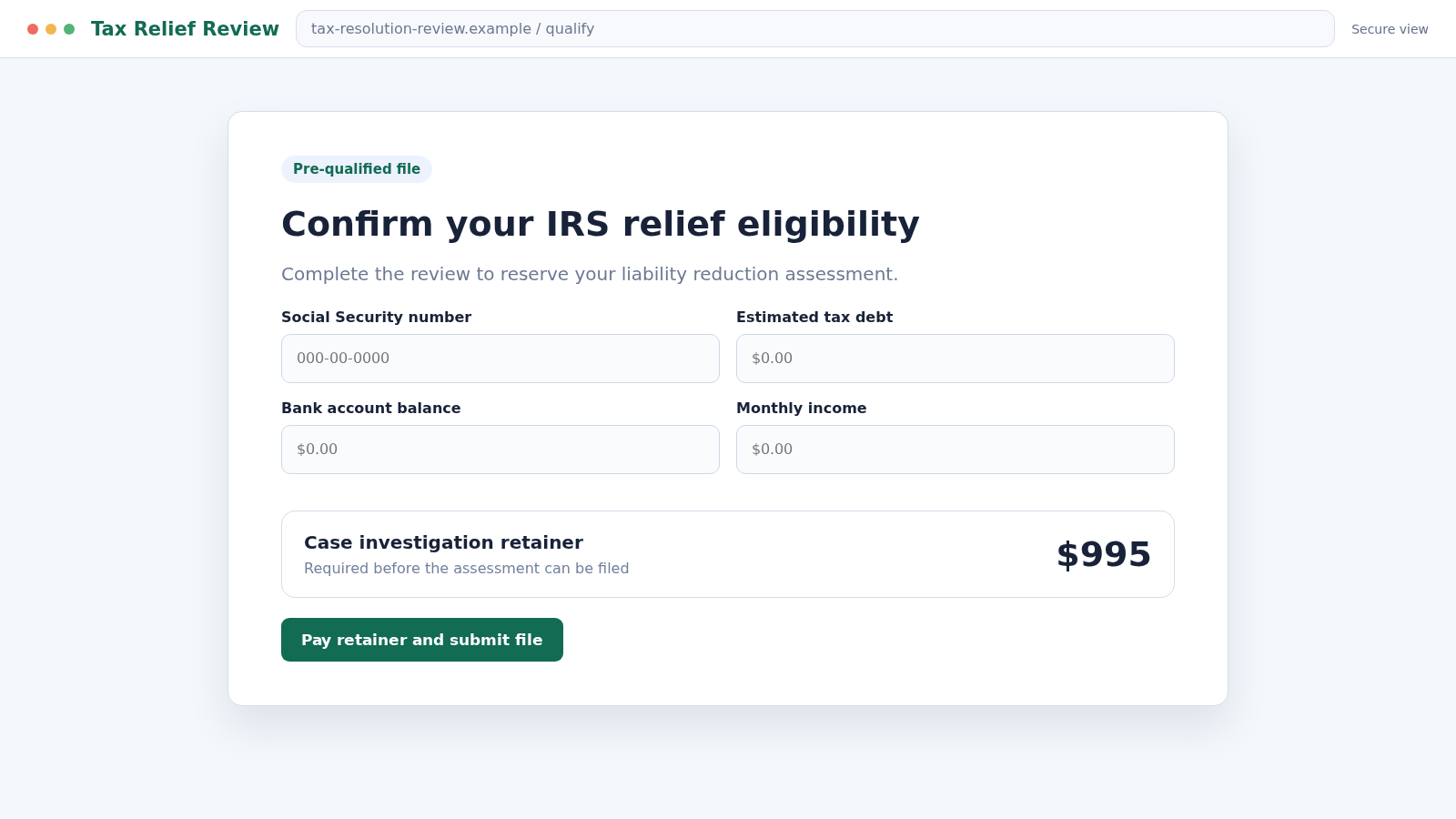 American Tax Advisers Scam Calls: Fake IRS Relief Offer Steals Your Data 2 Reconstructed fake tax relief eligibility portal requesting Social Security and payment information
