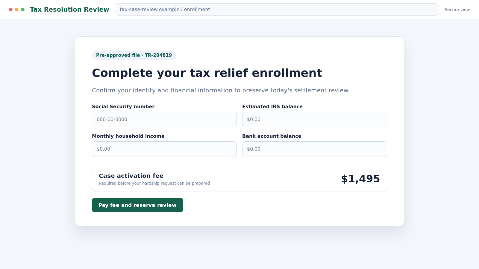 Tax Debt Scam Calls Exposed: Fake IRS Relief and Upfront Fee Investigation 2 fake tax relief enrollment page requesting identity and payment details