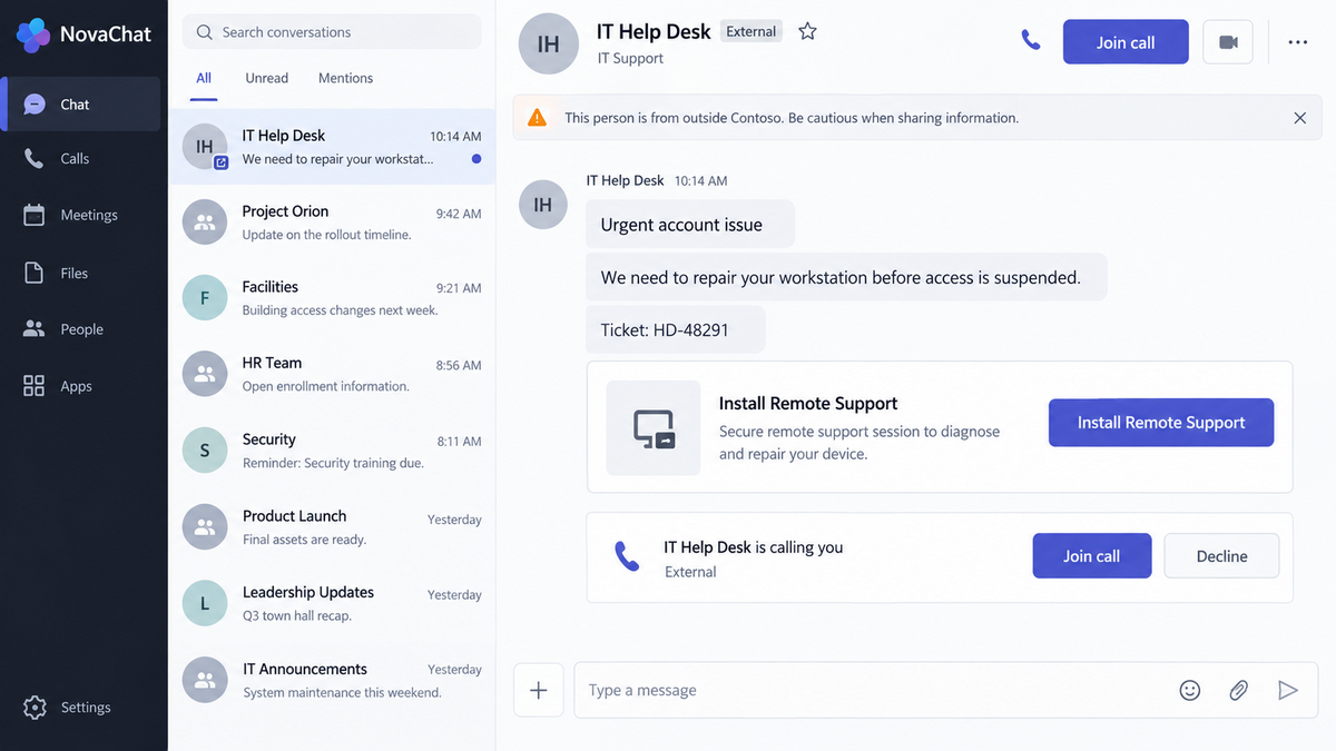 Fake Microsoft Teams IT helpdesk message requesting a remote support session