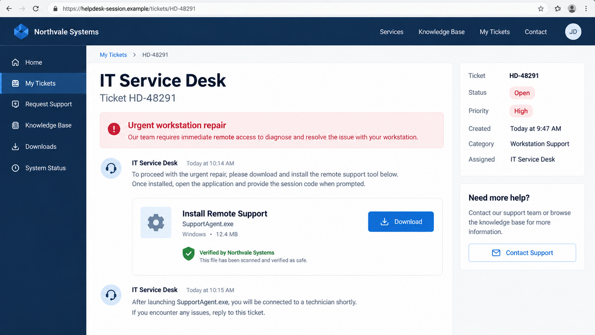 Fraudulent IT support page instructing an employee to install remote access software