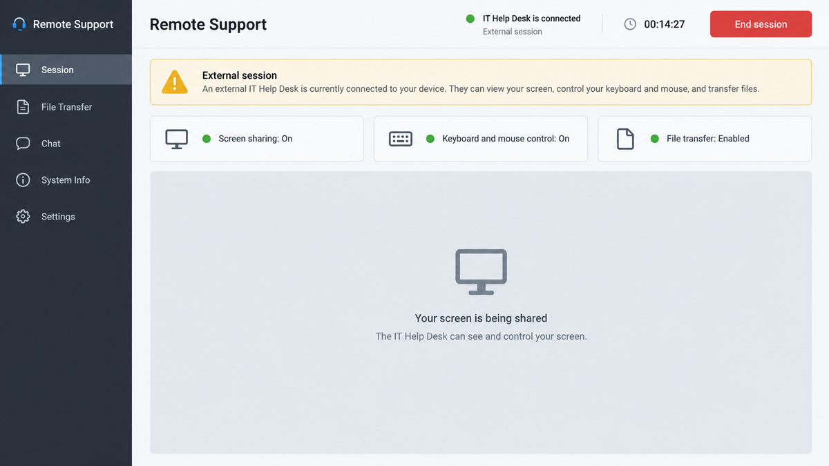 Remote support session screen controlled by a fake IT helpdesk caller