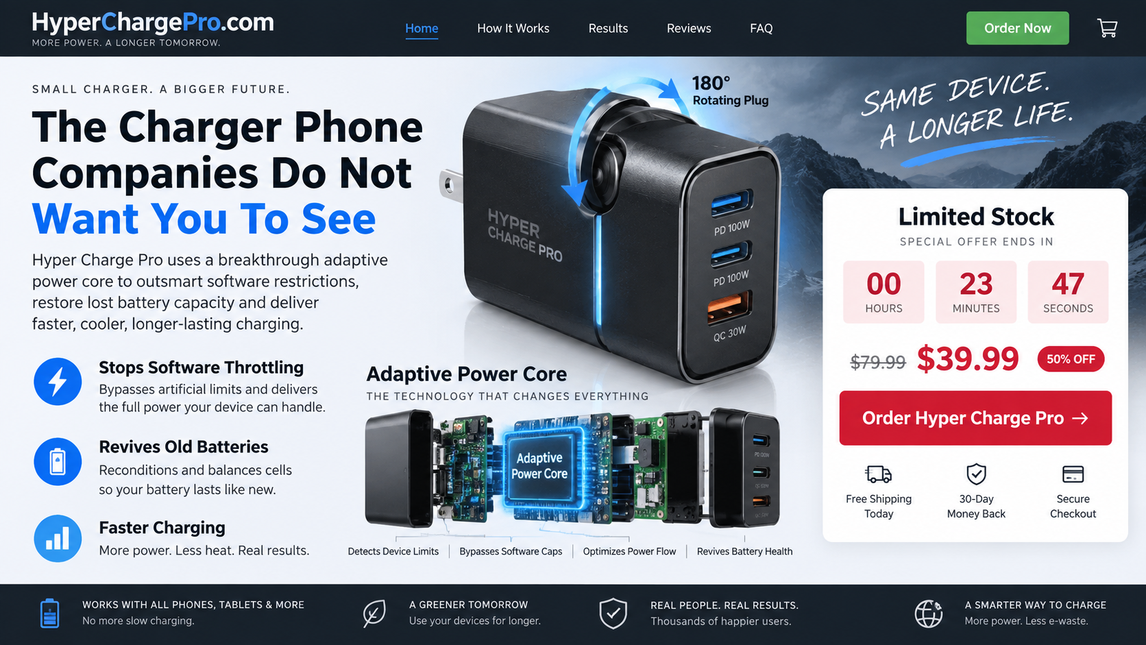 Landing page claiming an adaptive charger bypasses software throttling and revives old batteries