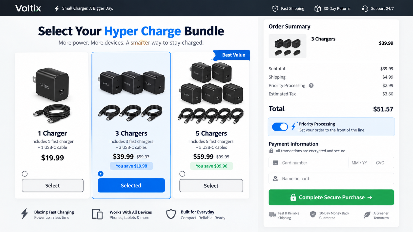 Checkout offering one, three, or five generic fast chargers with add-on fees