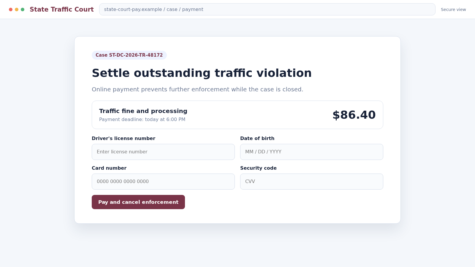 Traffic Court Text Scam: Fake Ticket Threats Steal Card and Personal Data 2 Reconstructed fake traffic court payment portal requesting card and identity information