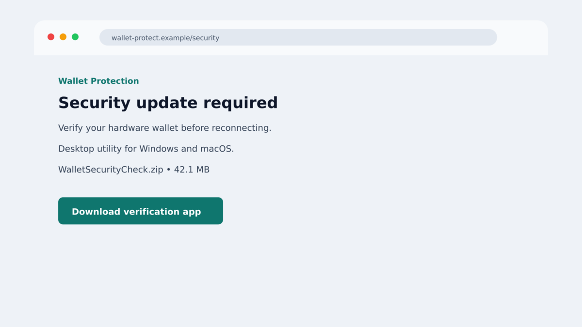 Malicious Trezor security app download page requesting urgent action