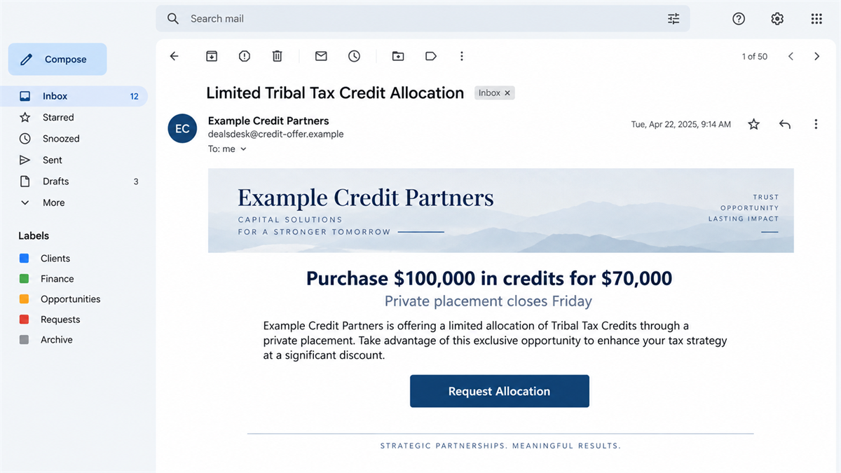Realistic reconstruction of an email offering discounted Tribal Tax Credits with a limited availability claim