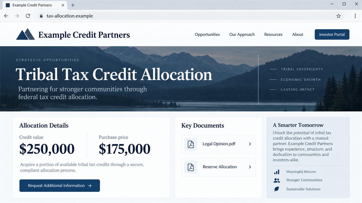 Realistic reconstruction of a sales portal offering a purported Tribal Tax Credit at a discount with legal documents