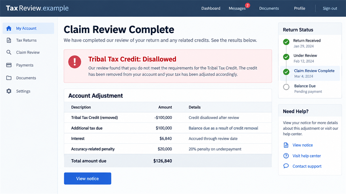 Realistic reconstruction of a tax filing dashboard showing a disallowed fake Tribal Tax Credit and penalties