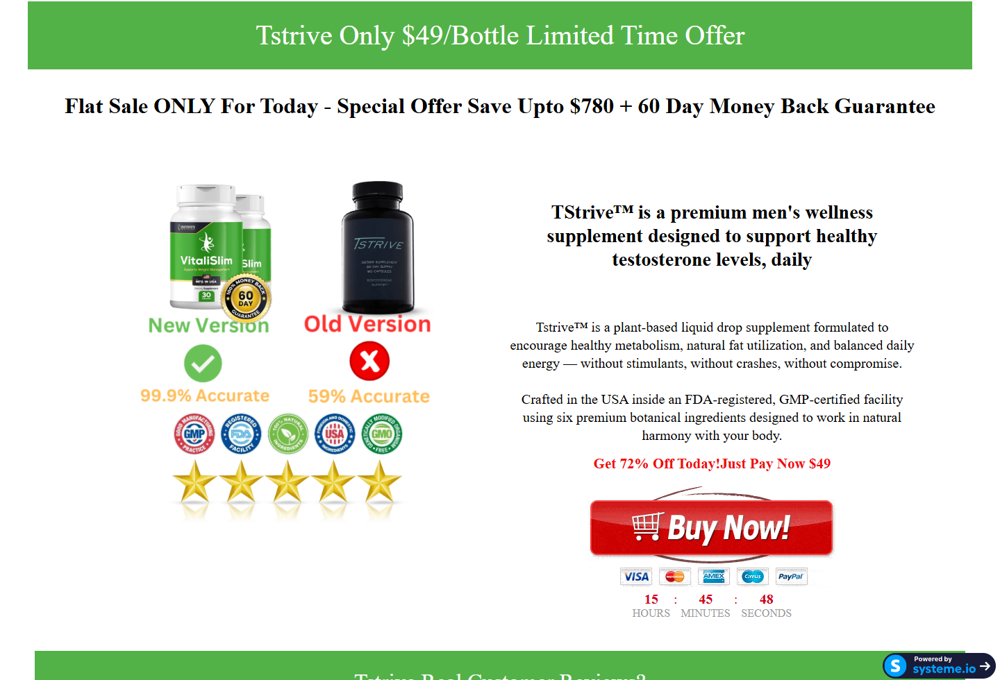 Screenshot of the unofficial TStrive sales page mixing testosterone and weight loss claims