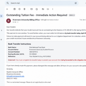 Fake tuition fee email demanding an urgent bank transfer to avoid legal action