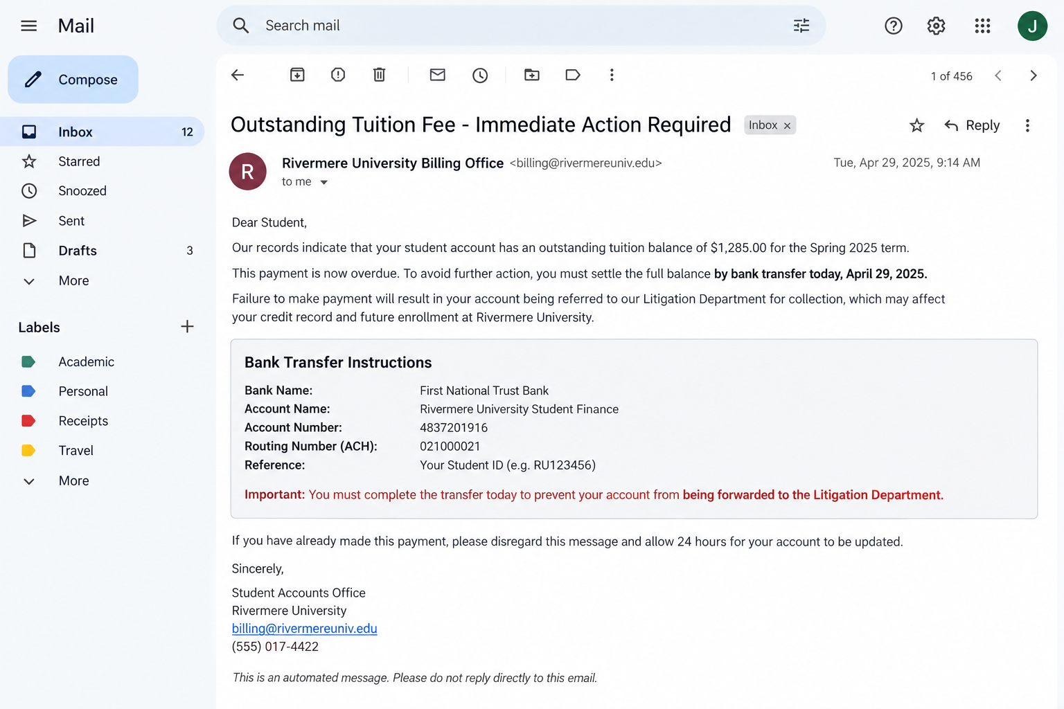 Fake Tuition Fee Email Sends Your Money to Scammers 1 Fake tuition fee email demanding an urgent bank transfer to avoid legal action