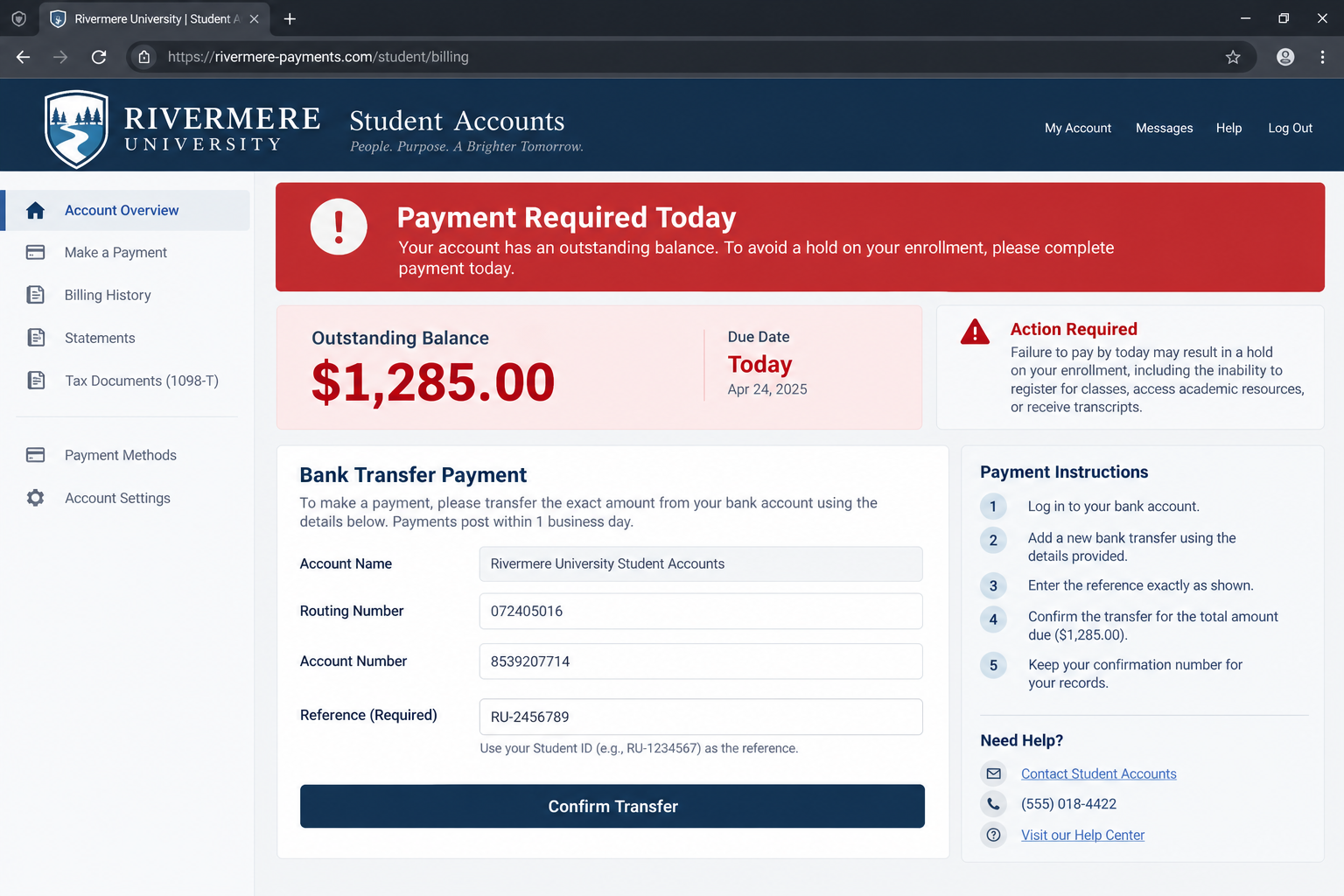 Fake Tuition Fee Email Sends Your Money to Scammers 2 Fictional university billing portal requesting payment through a suspicious domain