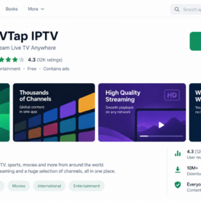 Illustrative fake TVTap IPTV app listing with an install button