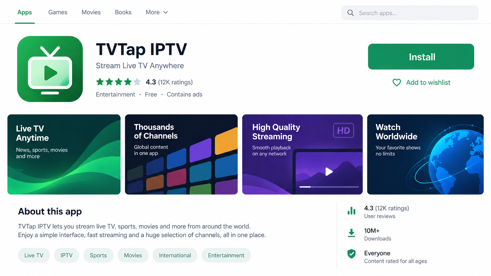 Fake TVTap IPTV App Scam Exposed: RemControl Banking Malware Explained 1 Illustrative fake TVTap IPTV app listing with an install button