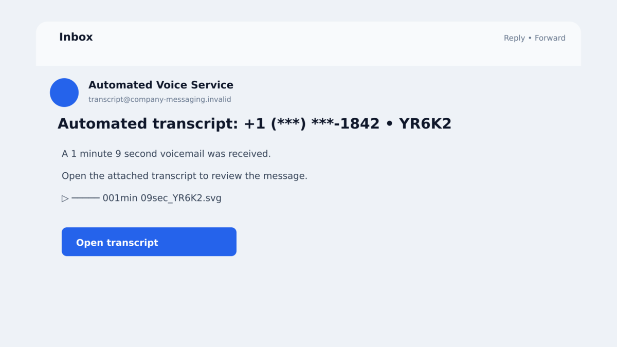 Fake Voicemail Transcript Emails Steal Work Logins 1 Automated voicemail transcript phishing email with an SVG attachment