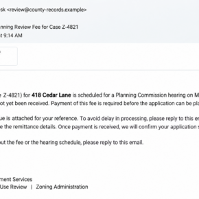 Illustrative fake zoning permit fee email citing a case number and property address