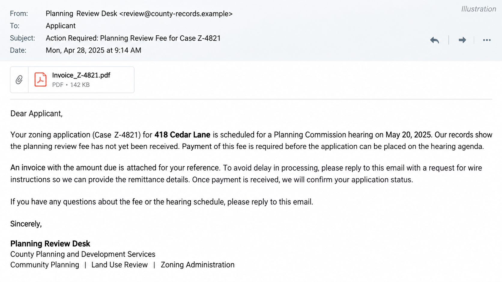 Fake Zoning Permit Fee Emails Exposed: Real Case Numbers, Phony Invoices 1 Illustrative fake zoning permit fee email citing a case number and property address