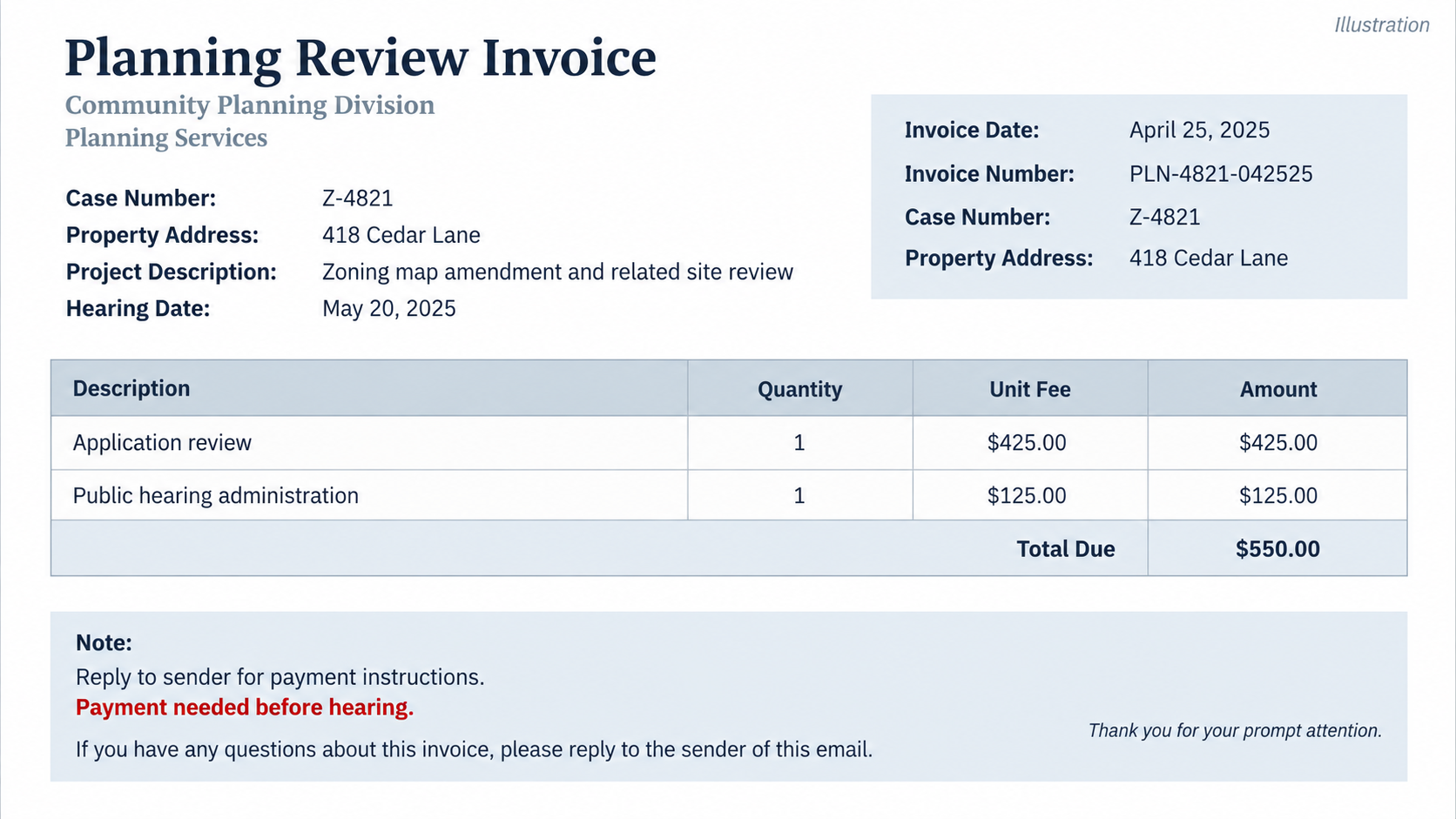 Fake Zoning Permit Fee Emails Exposed: Real Case Numbers, Phony Invoices 2 Illustrative itemized zoning permit invoice telling an applicant to reply for payment instructions