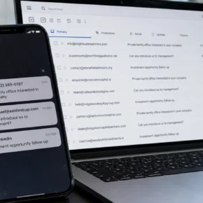 Realistic reconstruction of repeated family office investment approaches arriving by email text and professional networking notifications
